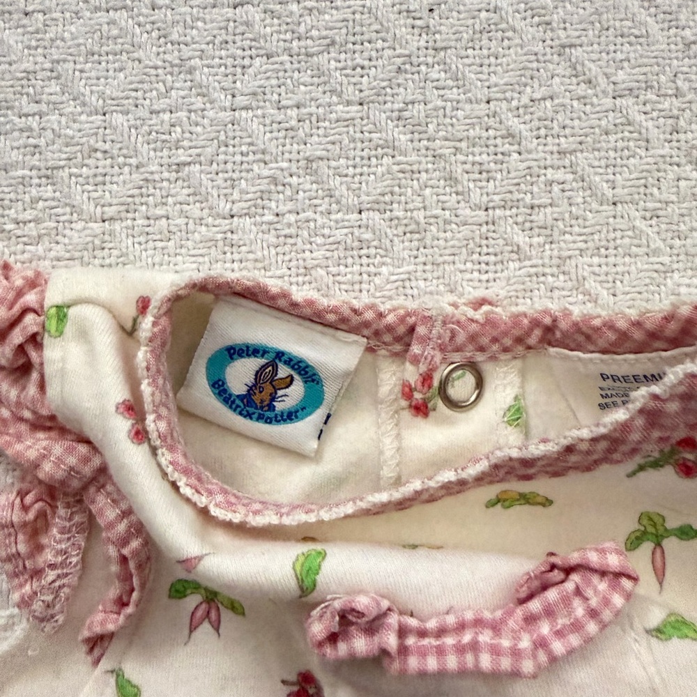 Peter Rabbit Beatrix Potter Embroidered Floral Pink and White Gingham Romper - Picture 2 of 6
